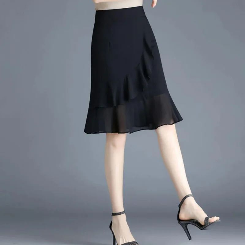 Korean Fashion Women Black Chiffon Half Skirts Summer New Office Lady Elastic High Waist Ruffles All-match Slim Fishtail Skirt