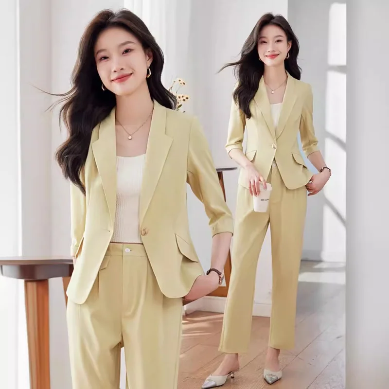 2024New Yellow Small Suit Jacket Women's Summer Thin Business Wear Temperament Leisure Small Suit Suit