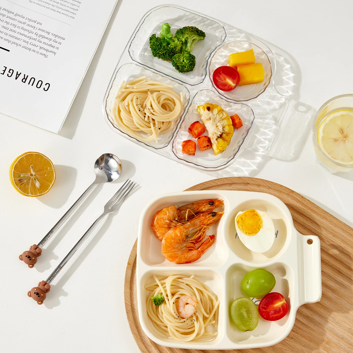 Plato de cena de plástico cuadrado de 4 rejillas con soporte para cuchara, plato de comida dividido reutilizable para niños, platos para ensalada de frutas, apto para lavavajillas