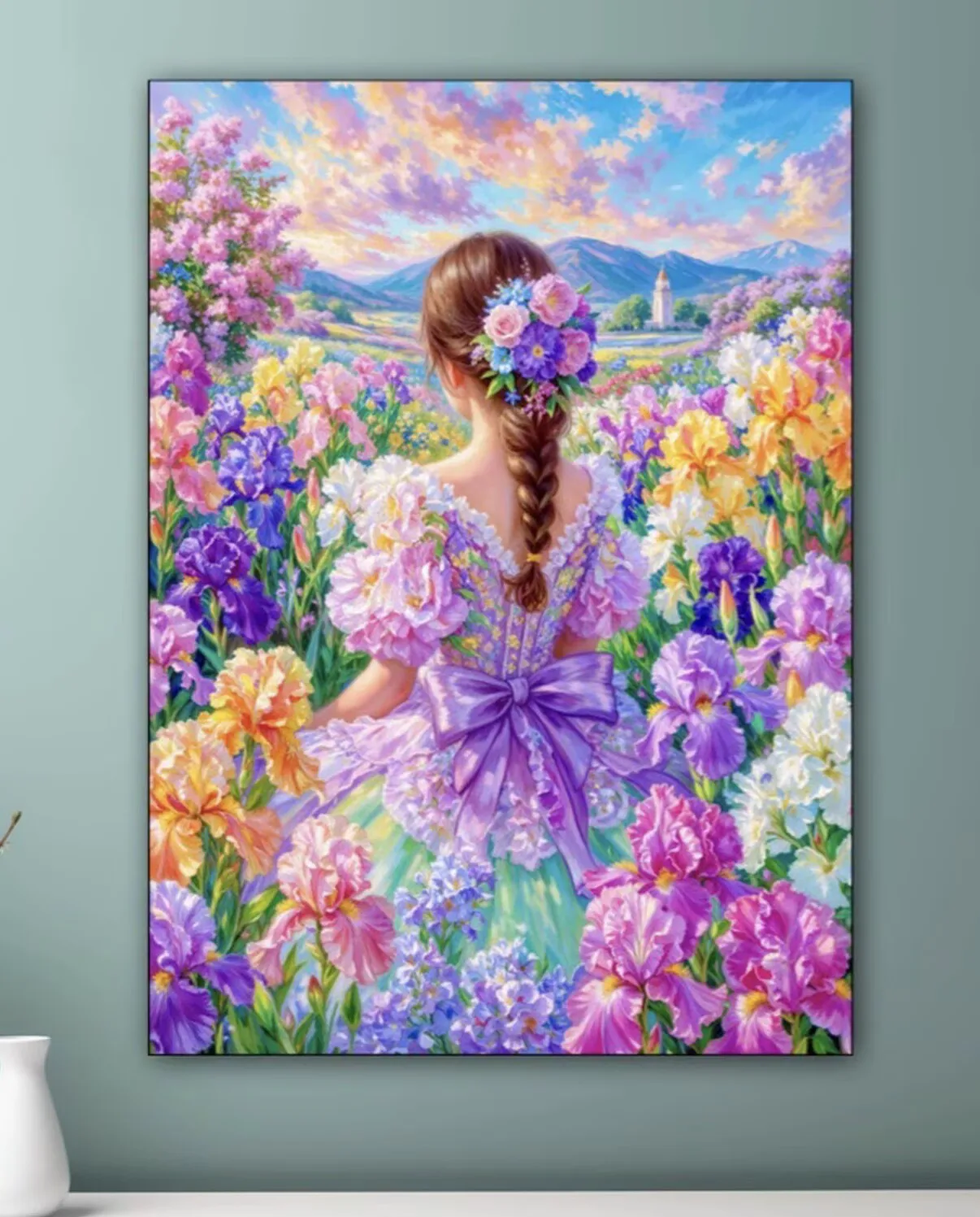 Iris Flowers Girl Back 9CT 14ct Cross Stitch Embroidery Kit DIY Printed with Needles 81 Colors Thread for Needlework Crafts