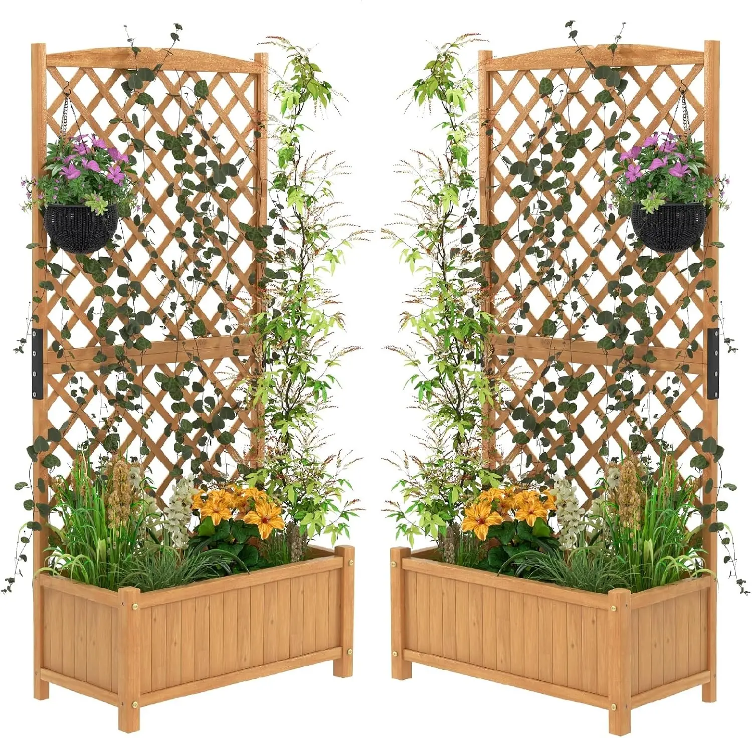 Raised Garden Bed Outdoor Set of 2,35.5x17.5x71inch Planter Box with Trellis & Removable Bottom Base,Planter for Hanging Baskets