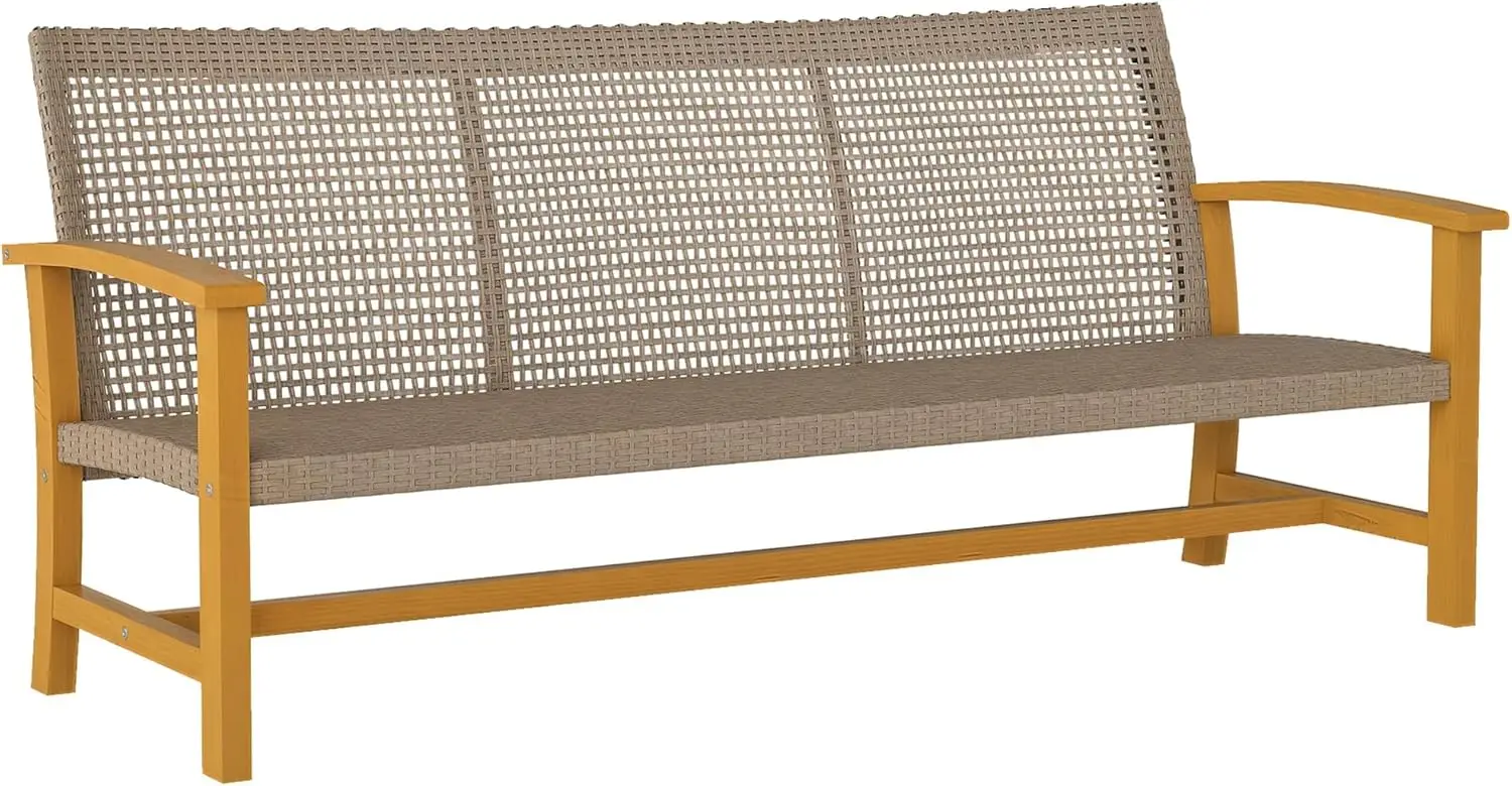 

Wicker Outdoor Couch, 3-Seat Rattan Outdoor Patio Sofa, 1000 lbs. Capacity, Acacia Wood Patio Furniture Couch with Steel Seat an