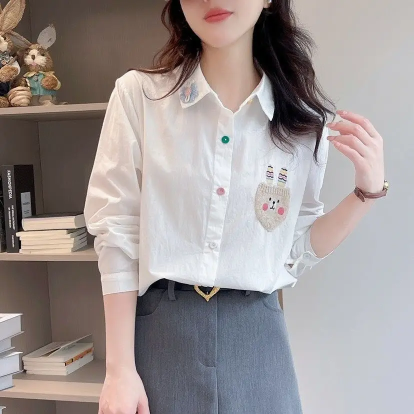 Spring Autumn New Artistic Design Long Sleeves White Shirt for Women\'s Korean Version Loose Slimming Fashionable Base Shirt Top