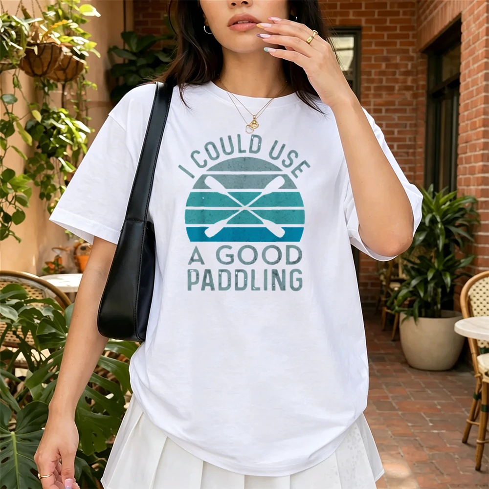 I Could Use A Good Paddling T-Shirt Women Teal Retro Sunset Cross Paddle Print Funny Kayak Canoe Lover Casual Short Sleeve Tee