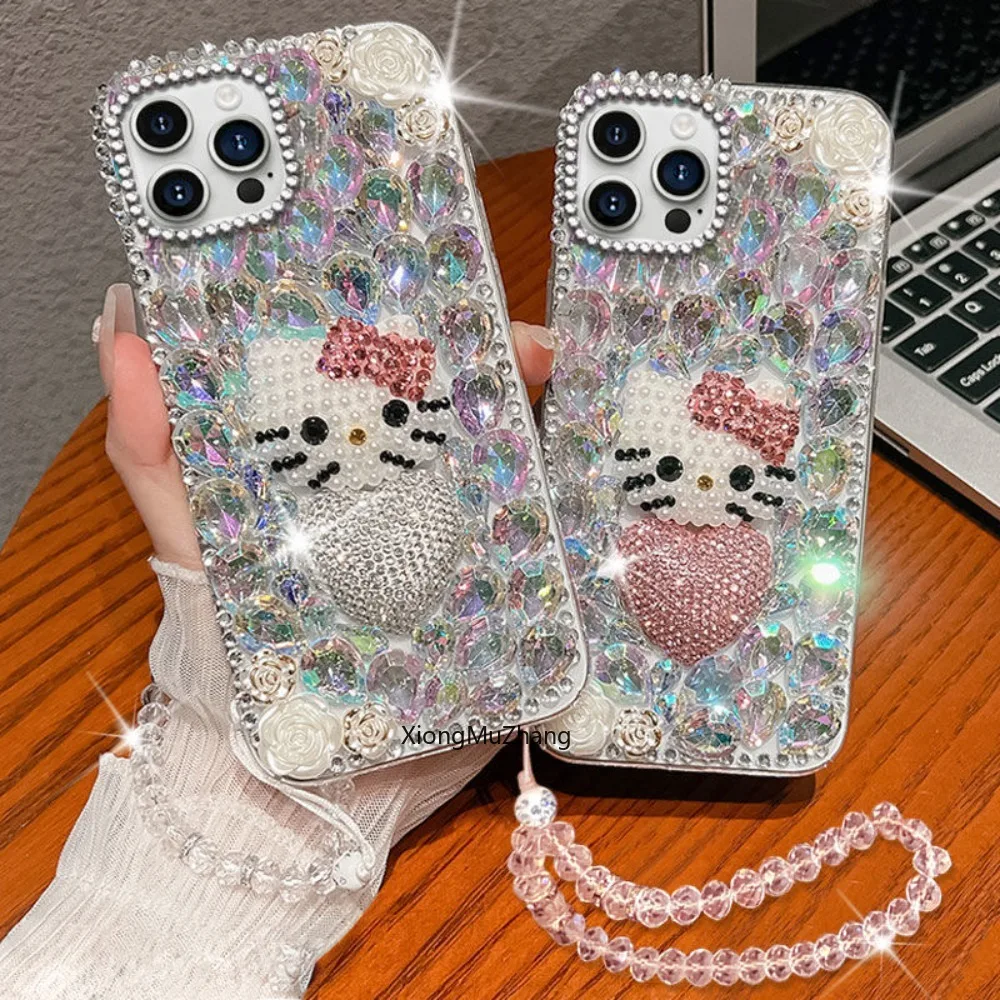 

Sanrio Hello Kitty Full Screen Diamond Rhinestone Jewelled Bow Phone Case for IPhone 16 15 14 13 12 11 Pro Max XS MAX 8Plus MINI