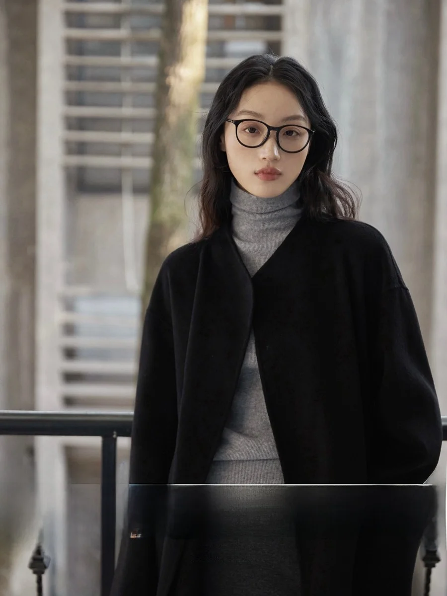 

Ginnkee Double-Faced Camere Long Coat Belted Waist Bla High-Rise Woolen Outerwear Women Winter Ele Lapel Design