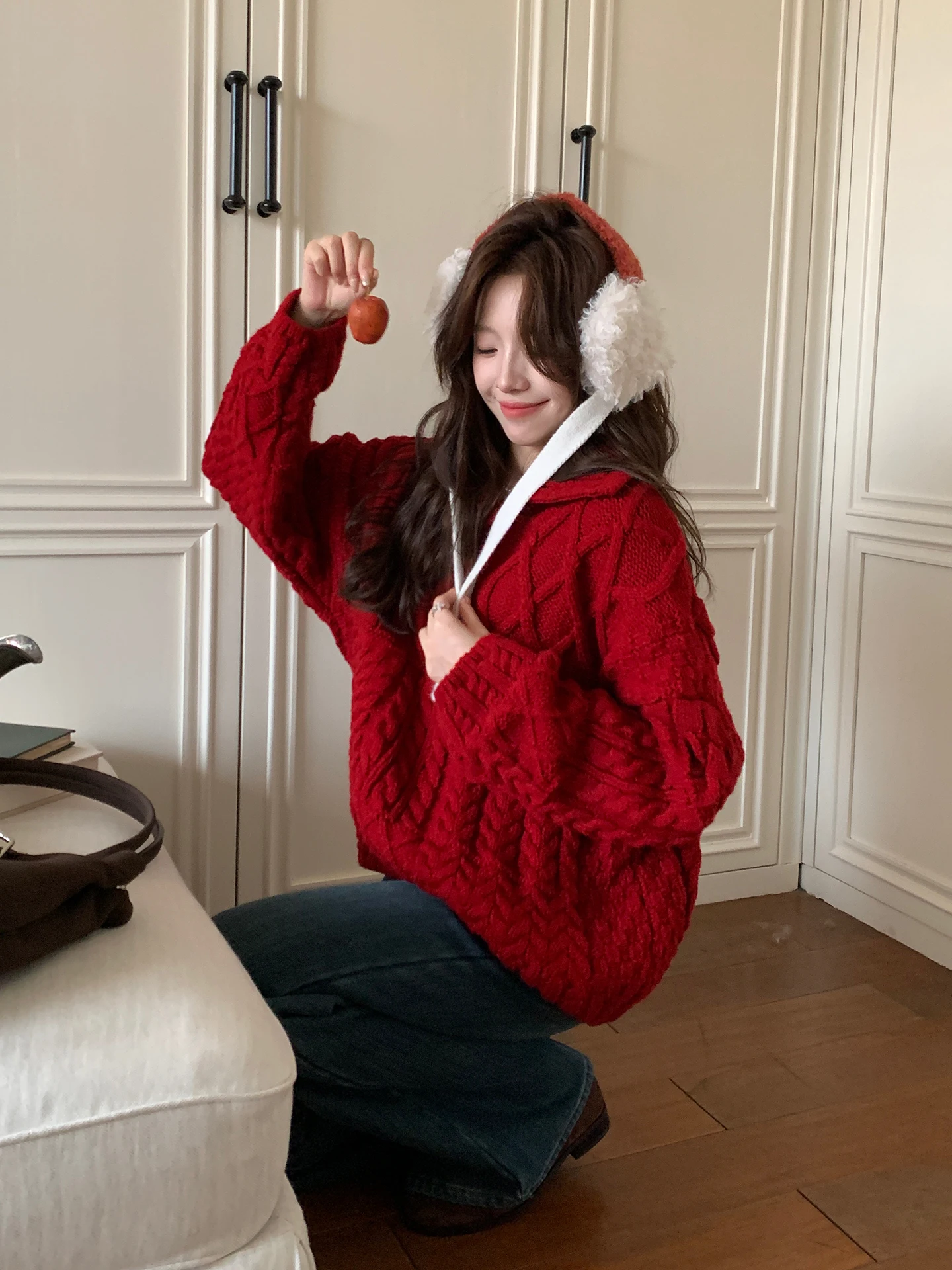 

Корейский свитер крупной вязки Cisas Rose с отложным воротником и узором «косы», осенне-зимний, теплый, утолщенный, свободного кроя, для женщин