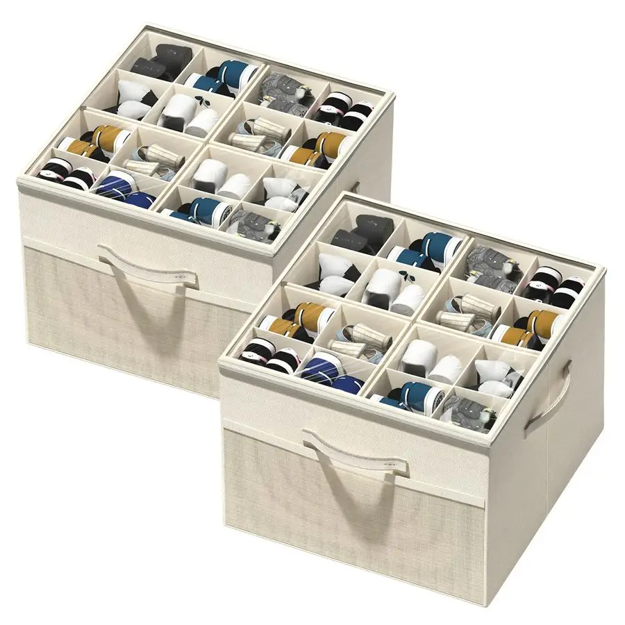 

Shoe Organizer for Closet,2 Pack Foldable Shoe Storage Organizer Box Bin with Adjustable Dividers and Clear Cover, Fits up to 16