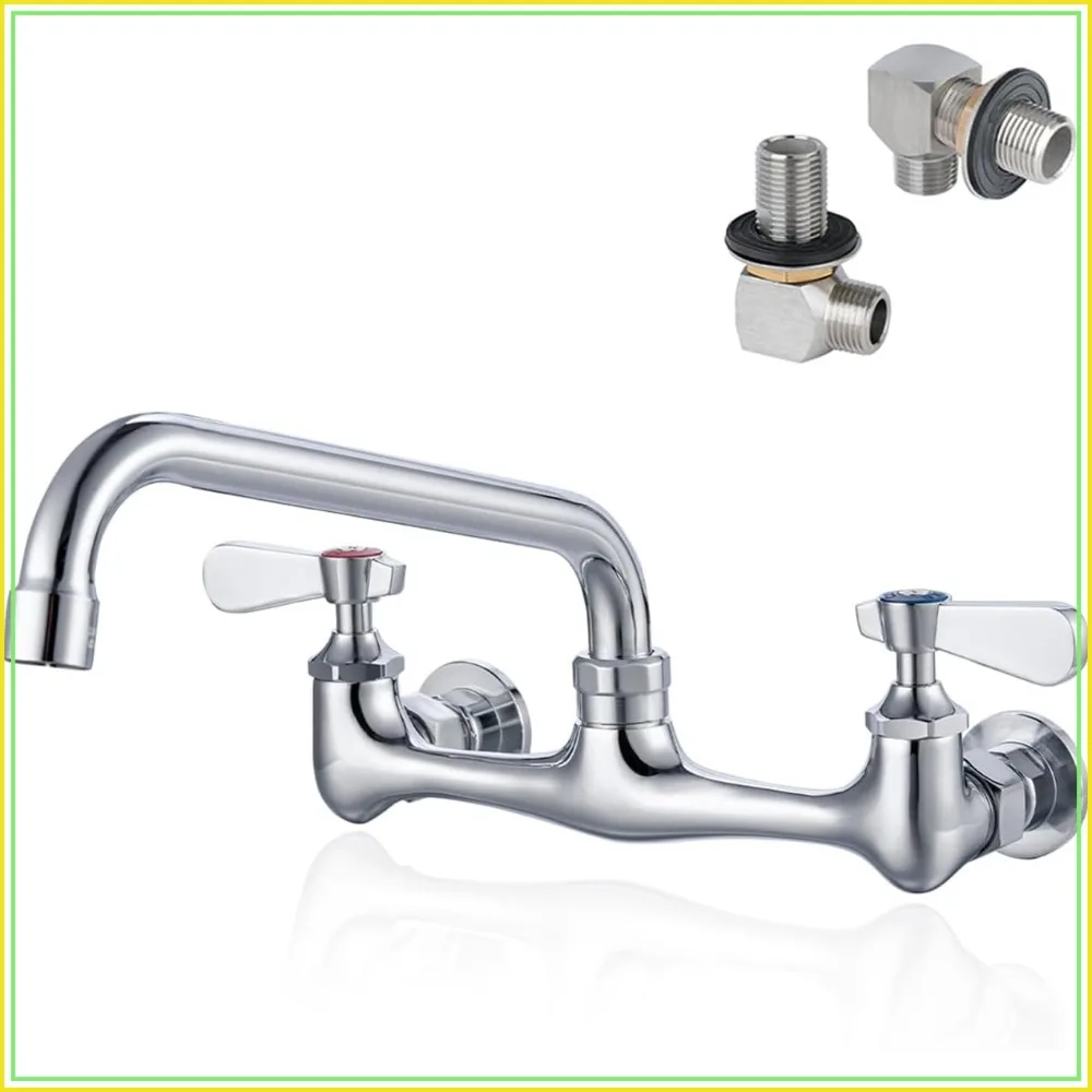 

8 Inch Center Wall Mount Commercial Sink Faucet, 8" Swivel Spout Utility Faucet, Dual Handle Chrome Brass for Restaurant Laundry Kitchen