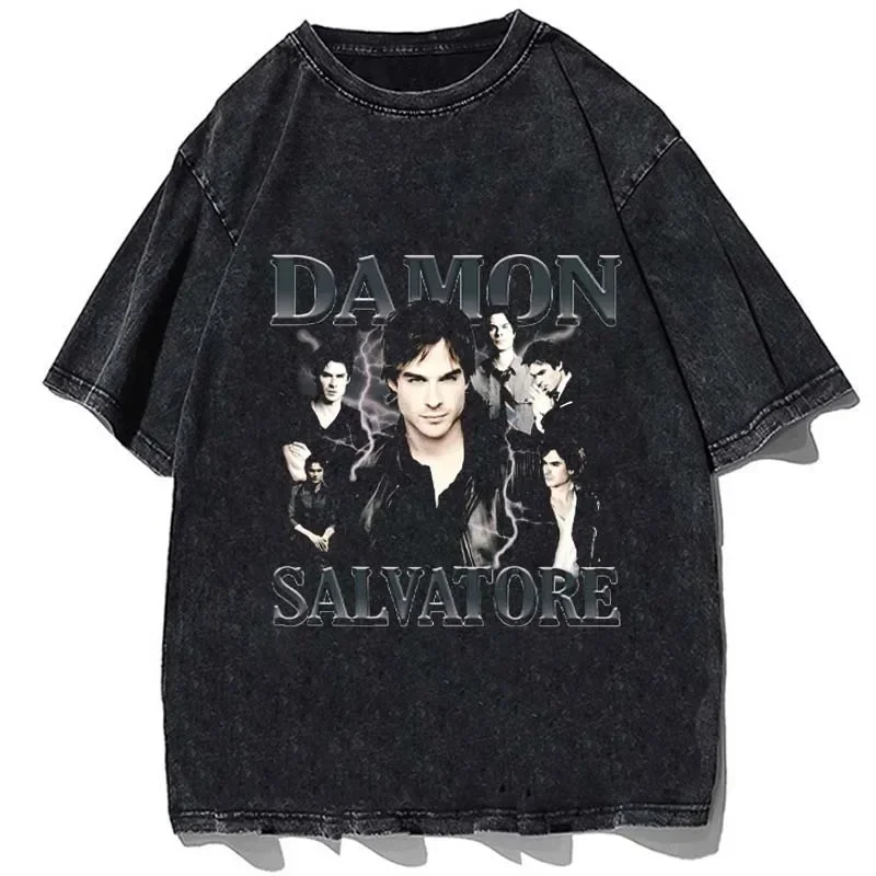 Damon Salvatore T-shirts Vintage Washed Ian Somerhalder T Shirt Streetwear Manga Short Sleeve Casual Harajuku Tops Tees Men