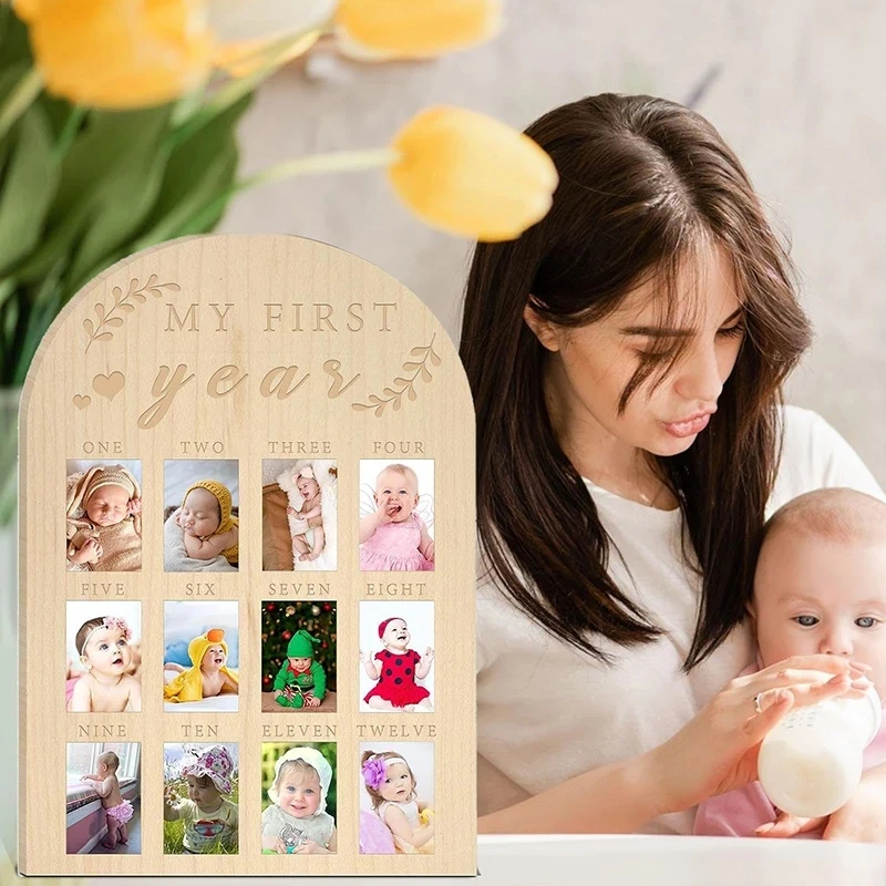 Baby\'s First Year Photo Display Wood Board Photo Frame Milestone Board 12 Months Baby Picture Frame Birthday Nursery Decorations