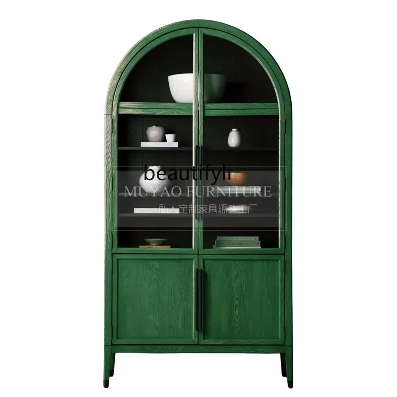 

French Arched American Retro Glass Door Wine Cabinet Storage Edge Black Decorative Cabinet