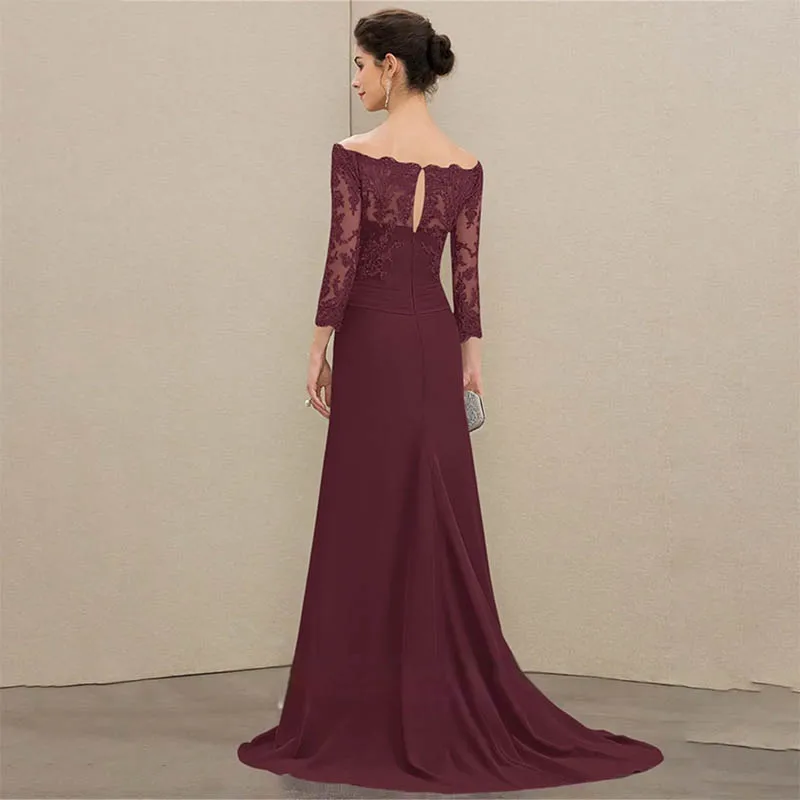 Graceful A-Line Half Sleeve Floor-Length Chiffon Mother Of The Bride Dress Decal Backless Groom Mother Dresses For Weddings ﻿