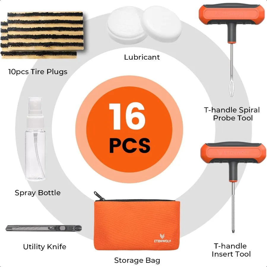 طقم إصلاح الإطارات المسطحة مع المقابس 16 قطعة طقم توصيل الإطارات الثقيلة لسيارة دراجة نارية ATV شاحنة جرار برتقالي حيوي