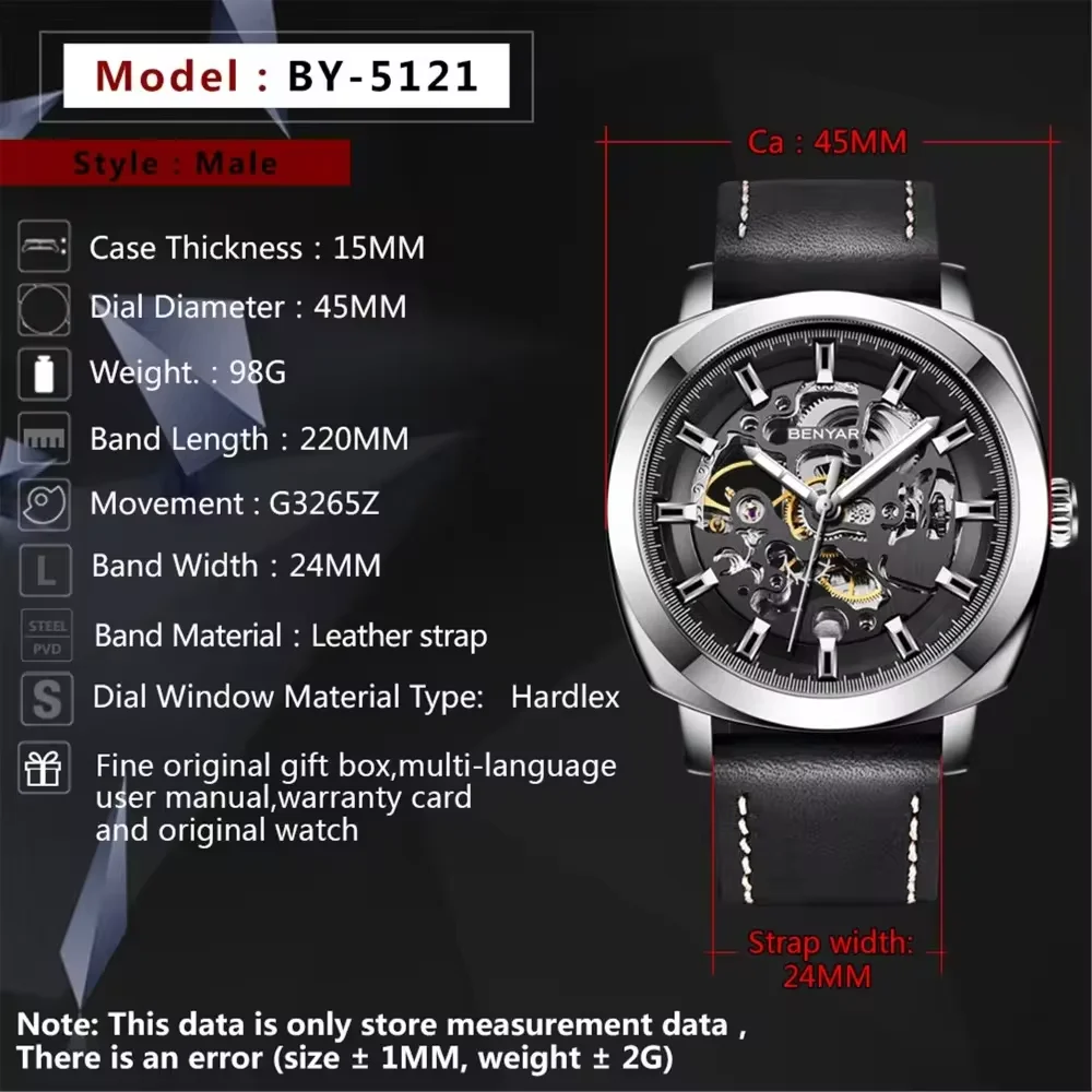 BENYAR 5121 Men\'s Hollow Out Mechanical Watches Fully Automatic Waterproof Fashionable Top Mechanical Watch for Men Strap Box