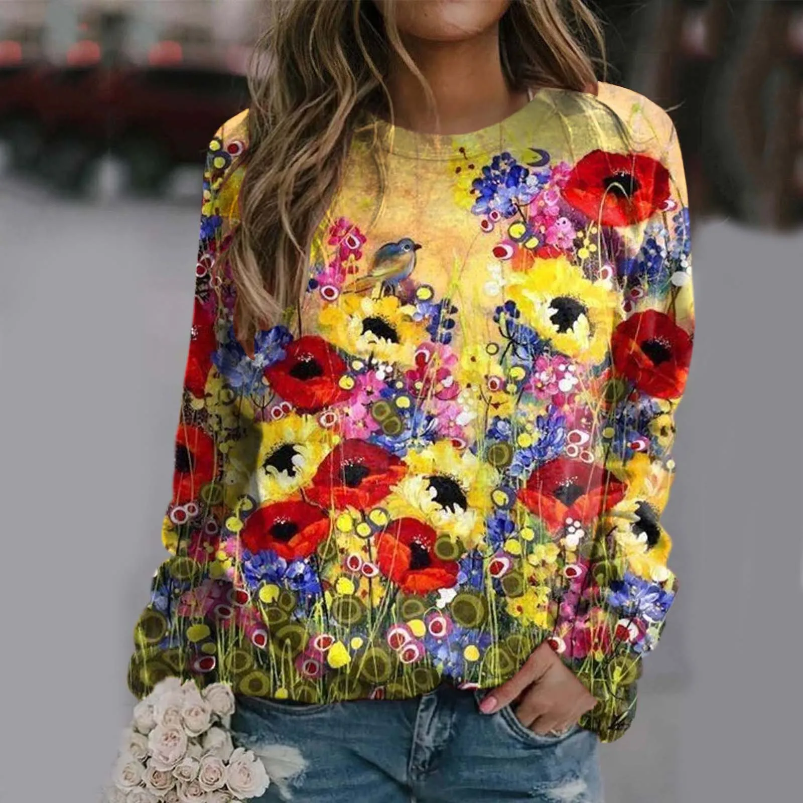 Floral Oil Painting Sweatshirts Sunflower Hoodies Long Sleeve Printed Crew Neck Pullover Autumn Loose Tees for Women Ladies Traf