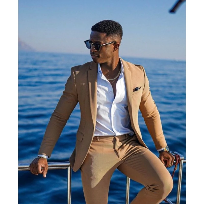 Trendy Men's Suits Khaki 2 Pieces Set (Blazer+Pant) Wedding Elegant Fashion Summer Beach Man Slim Fit Formal Bespoke For Male