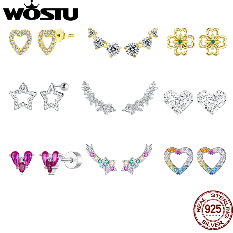 

WOSTU стерлингового серебра 925 пробы маленькие серьги-гвоздики в форме сердца звезда четырехлистное золото 18 карат для женщин и девочек на день рождения, повседневные ювелирные изделия, подарок
