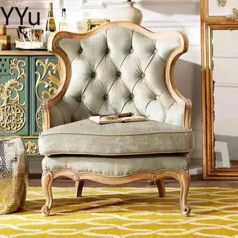 m fabric three-person pull-button sofa solid wood carved vintage old sofa m