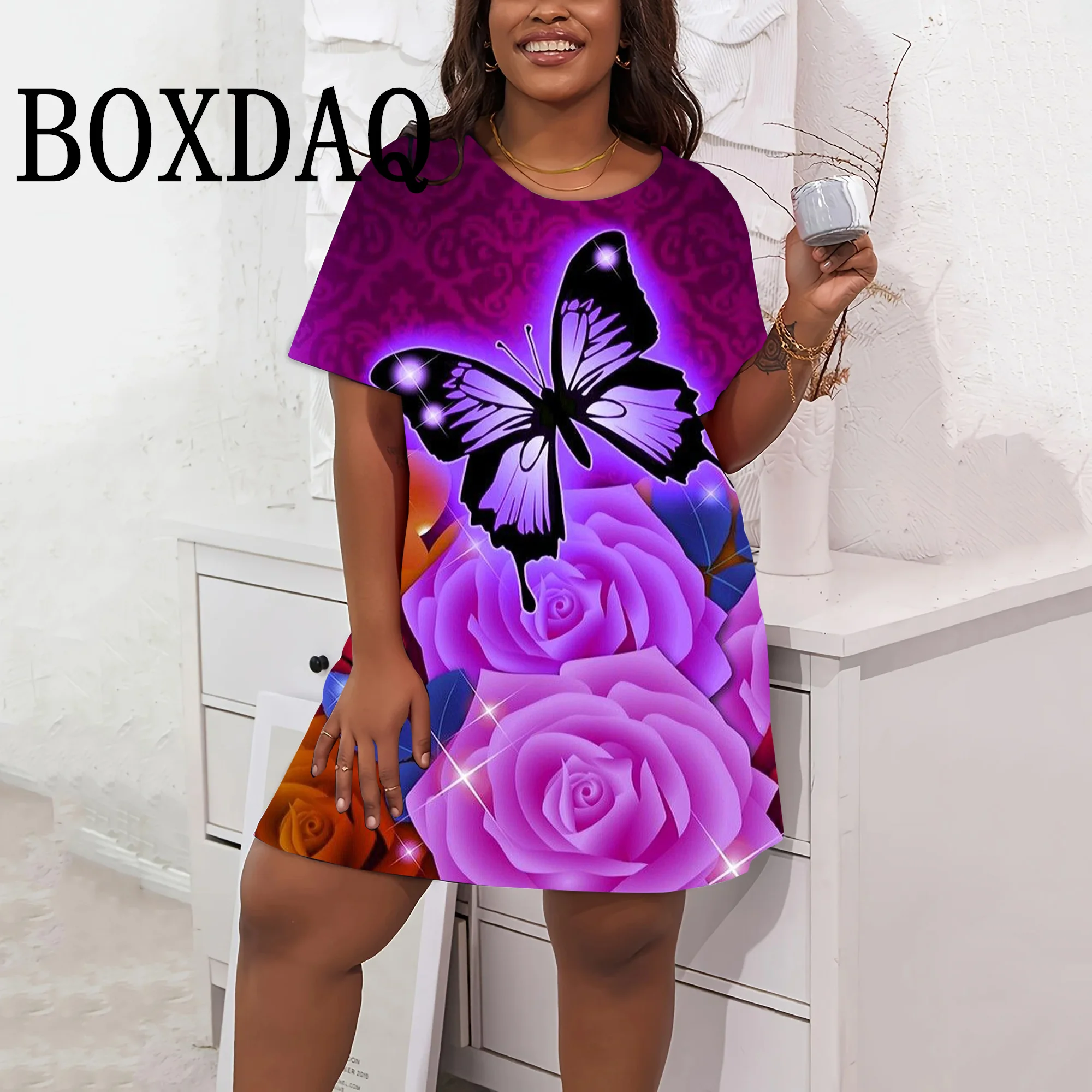 Gradient 3D Rose Flower Print Dress Summer Women Clothes Short Sleeve Fashion Butterfly Graphic A-Line Dress For Women Plus Size