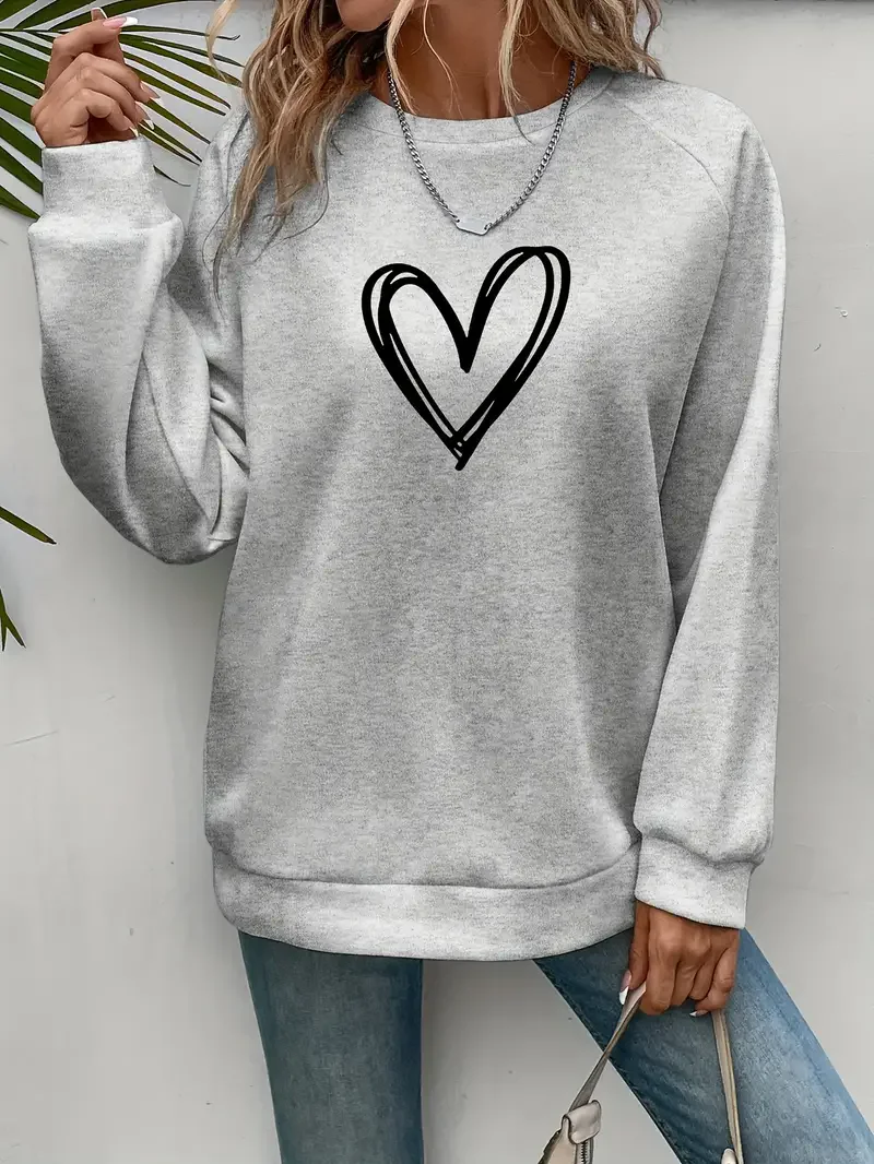 Heart Print Pullover Sweatshirt, Casual Long Sleeve Crew Neck Sweatshirt For Spring & Fall, Women\'s Clothing