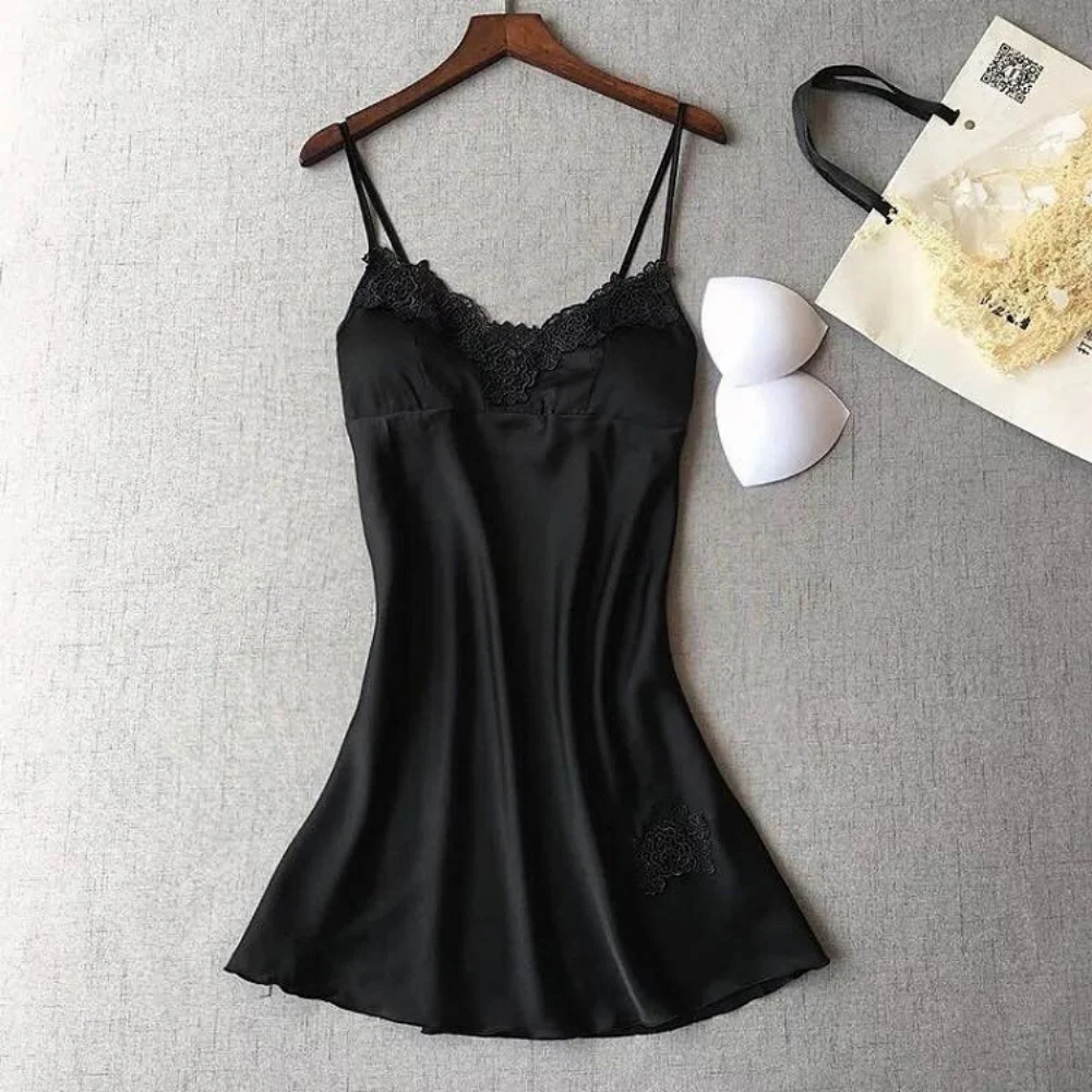 Ladies' Solid Color Fashionable Casual Simulation Silk V-neck Lace Nightgown Ice Silk Thin Halter Home Service Satin Night Dress