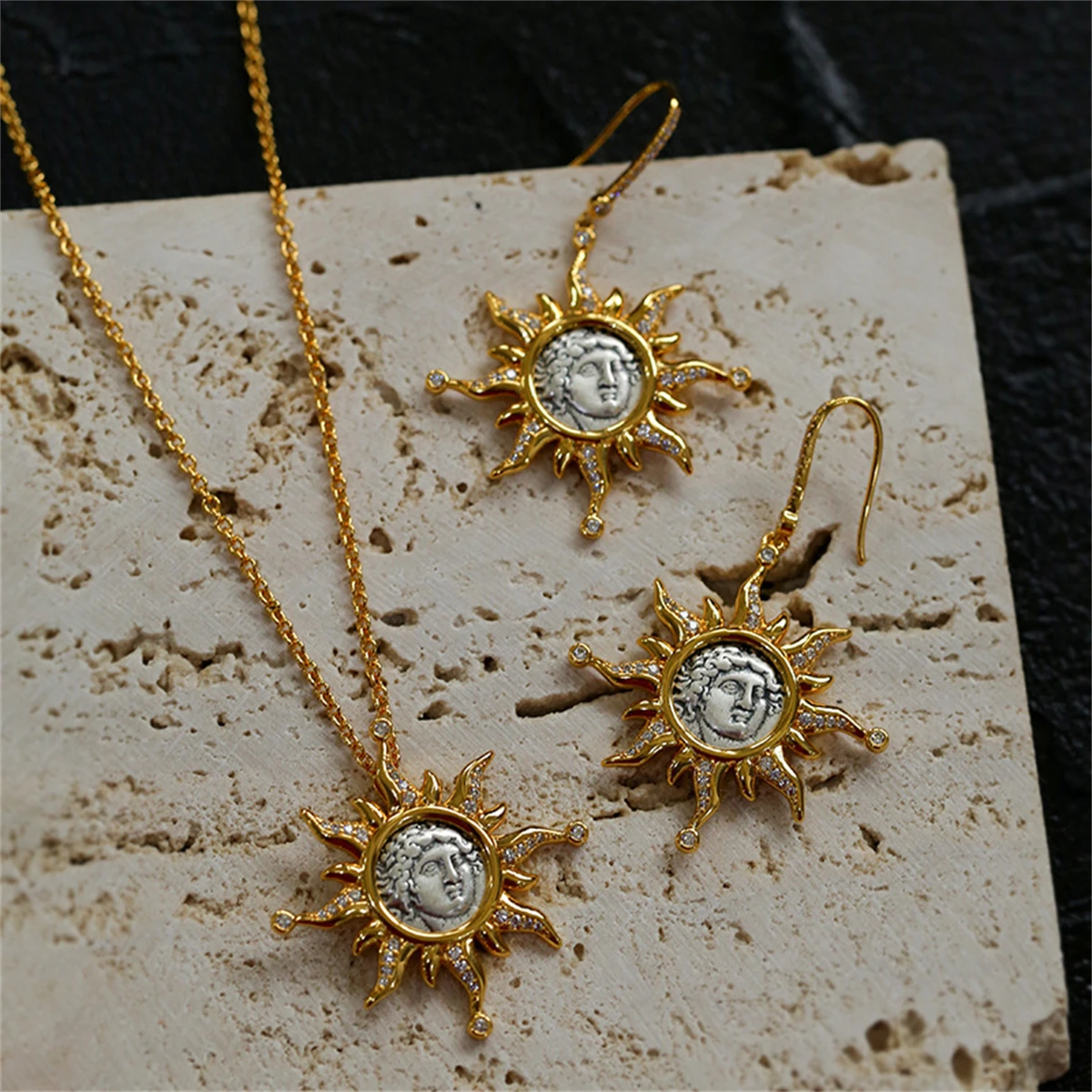 Sun God Apollo Colored Double tone Ancient Coin Hot Selling Necklace with Copper Plated True Gold for Color Protection