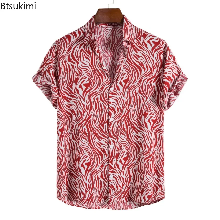 2024 Heren Casual Korte Mouwen Shirt Tops Mode Harajuku Hawaiian Strandblouses Persoonlijkheid Print Knoop Revers Vakantie Shirts