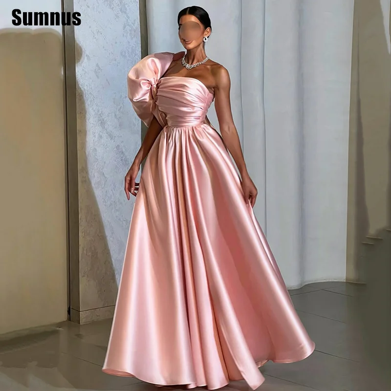 

Sumnus Simple A-Line Evening Dresses Pink One Shoulder Pleats Side Slit Maxi Formal Dresses فساتين سهرة Customized