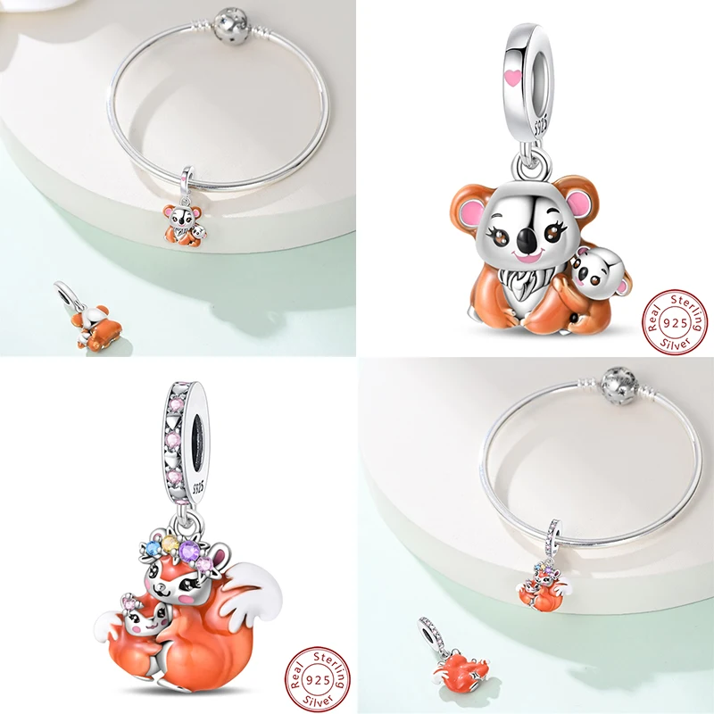 Parent Child 925 Sterling Silver Squirrel Koala Turtle Elephant Warm Charms Beads Fit Pandora Original Bracelets DIY Jewelry