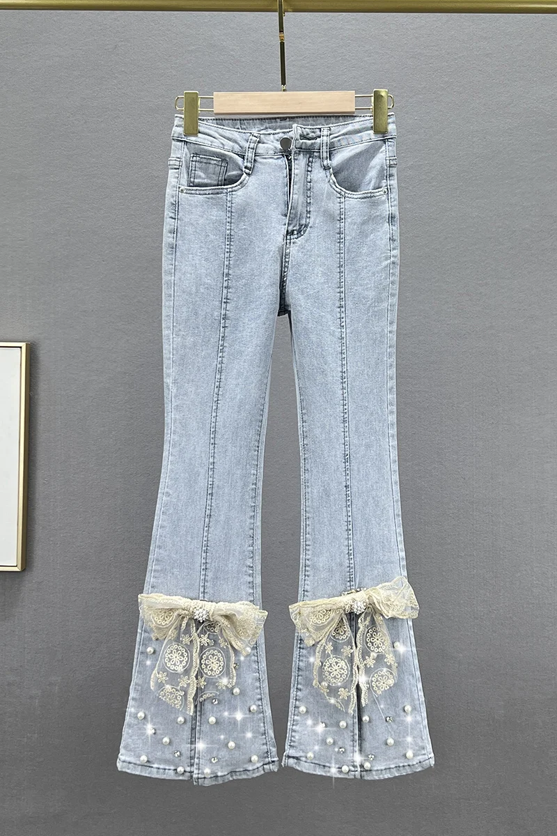 Perlenbesetzte Split-Jeans für Damen, neue Sommer-Jeans mit hoher Taille, Slim-Fit-Jeans, europäische Waren, diamantbesetzte, knöchellange