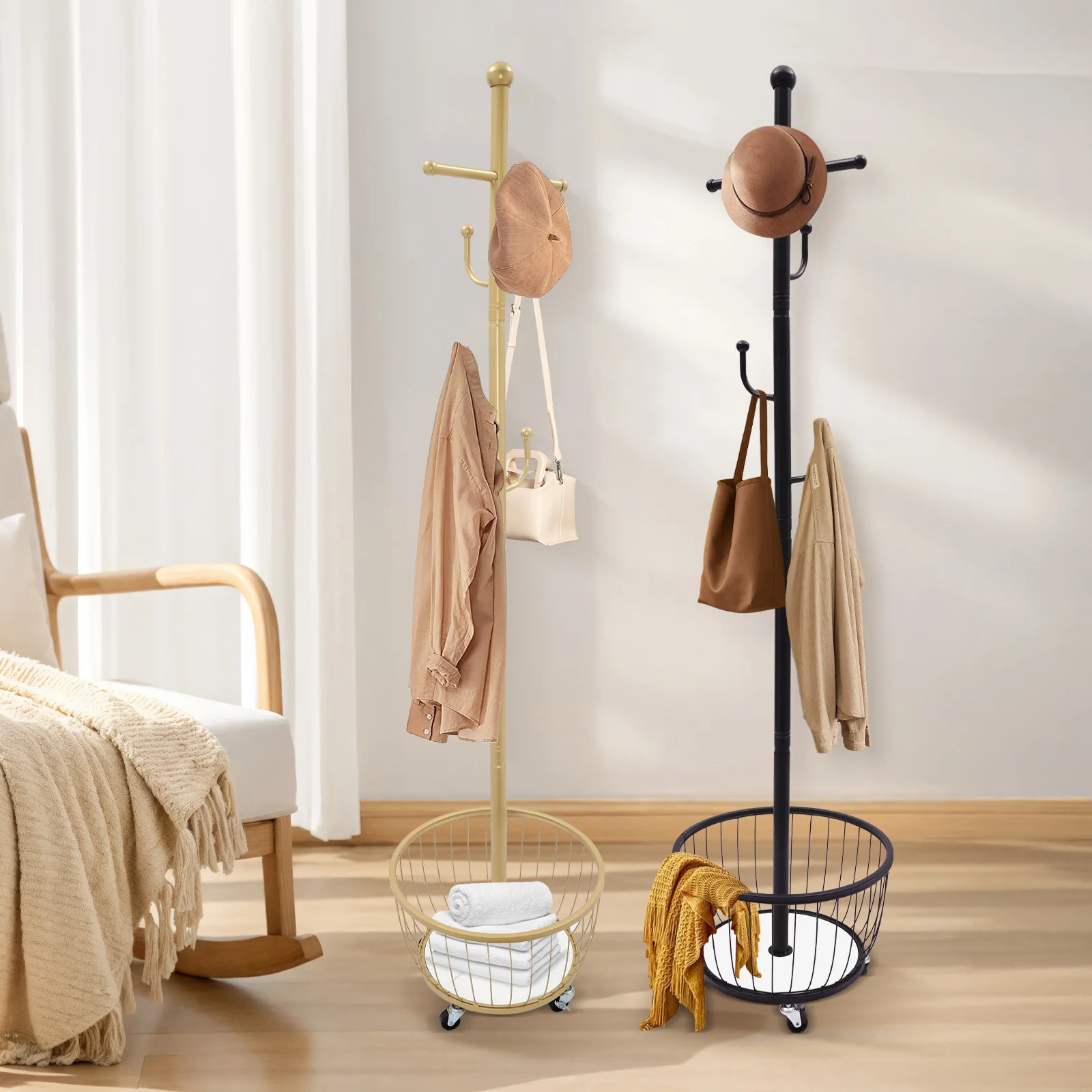 

Coat Rack Entryway Coat Hanger Stand with Storage Basket Standing Coat Rack with Mobile Wheel
