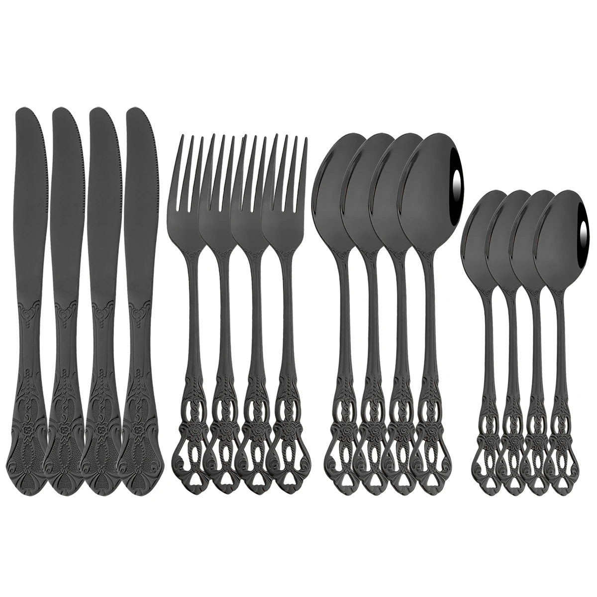 16Pcs Black Cutlery Set Vintage Stainless Steel Dinnerware Set Knife Fork Dessert Spoons Tableware Western Home Kitchen Flatware