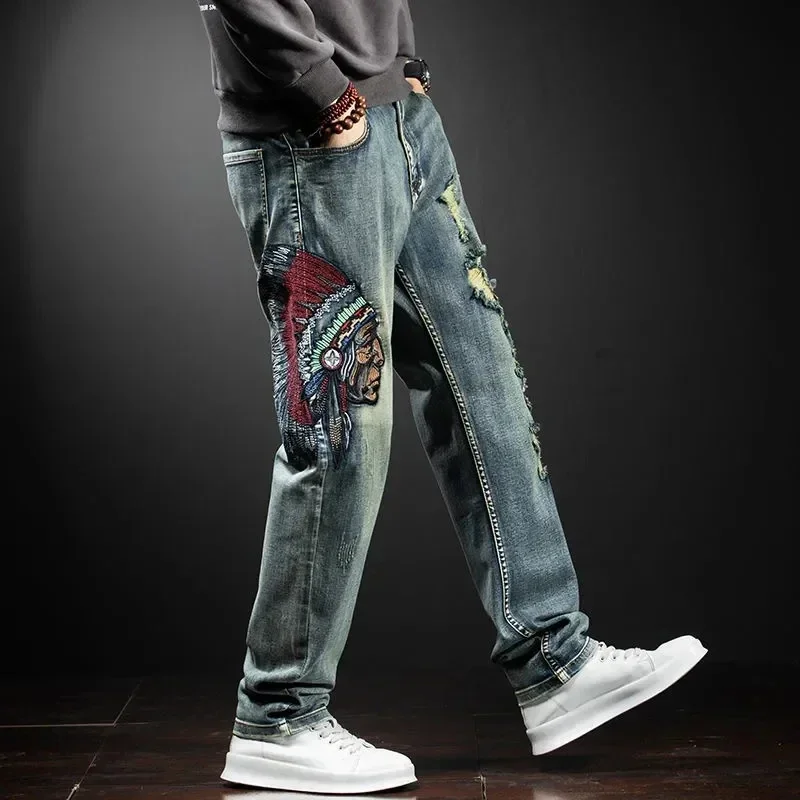 

New Men's Male Denim Jeans Hole Embroidery Baggy Pants Straight Tide Brand Beggar Korean Pants Trousers Jeans Hombre Streetwear