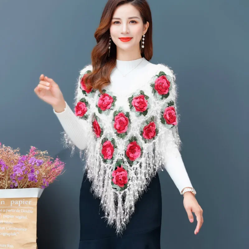 Women's Crochet Flower Sweater  Knitted Cloak, Short Tassels, Pullovers, Female Craps 3D rose