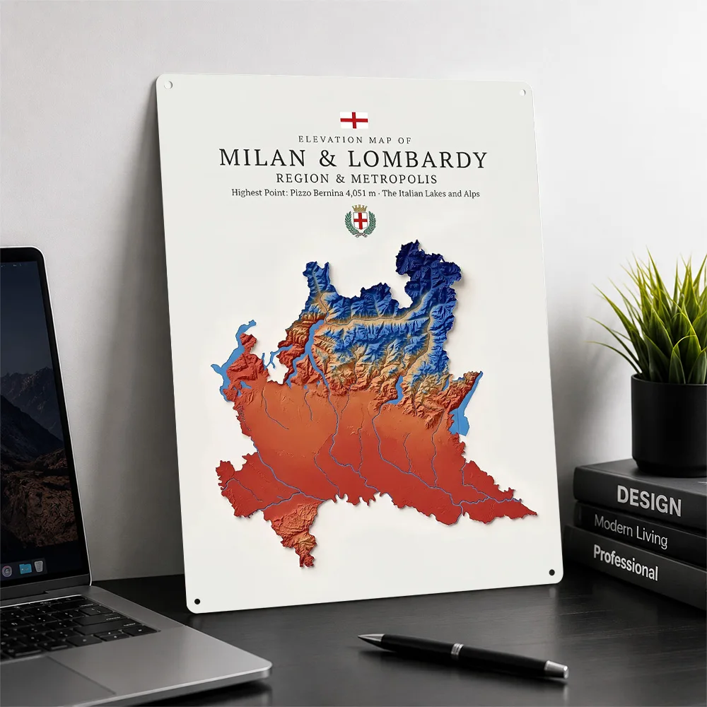 Elevation Map of Milan and Lombardy Personalized 3D Textured Metal Poster Wall Art Vintage Tin Signs for Gaming Room Decoration