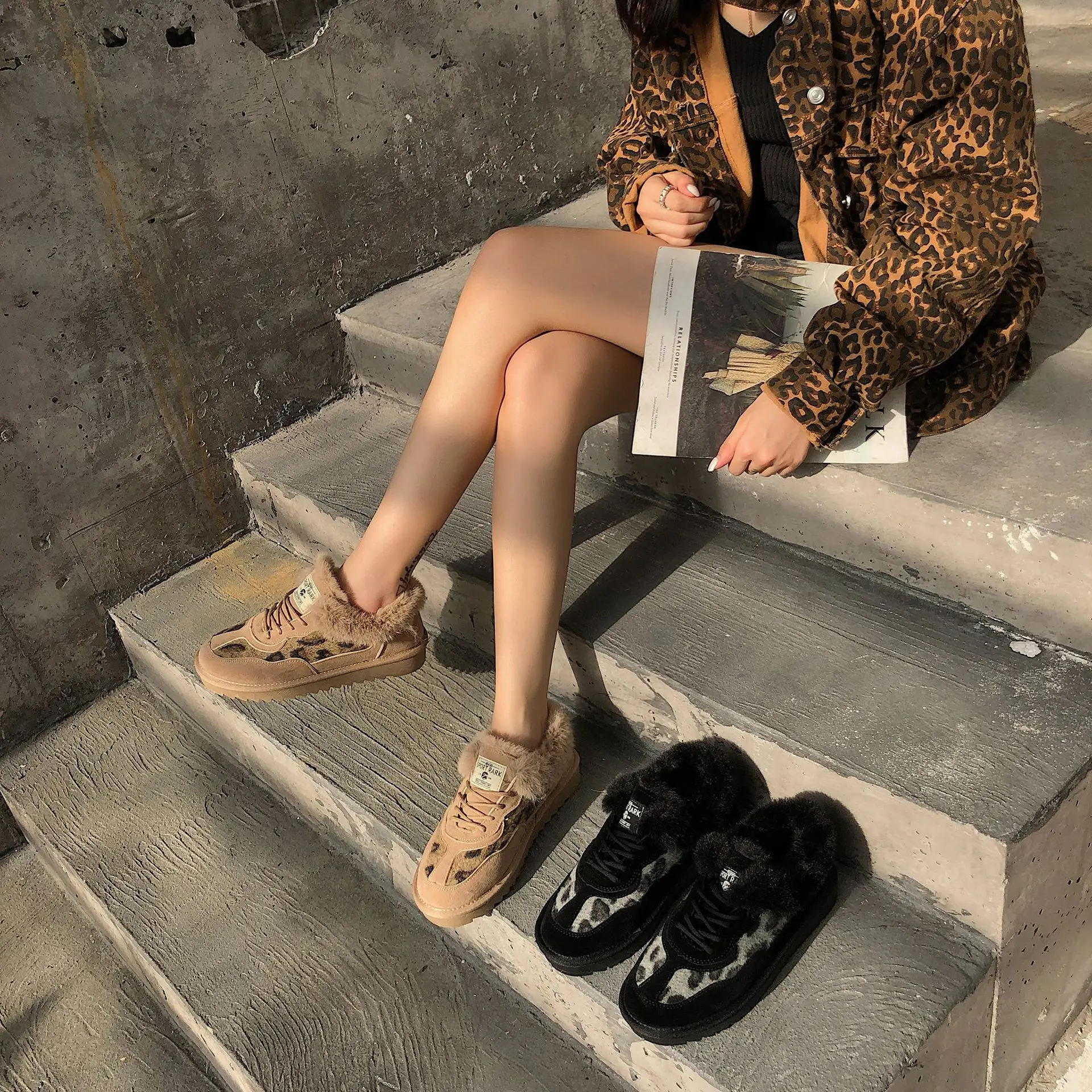 Snow Boots Women's New Winter Leopard Print Lace-up Comfortable and Warm Furry Ankle Boots Daily Outdoor Casual Cotton Boots