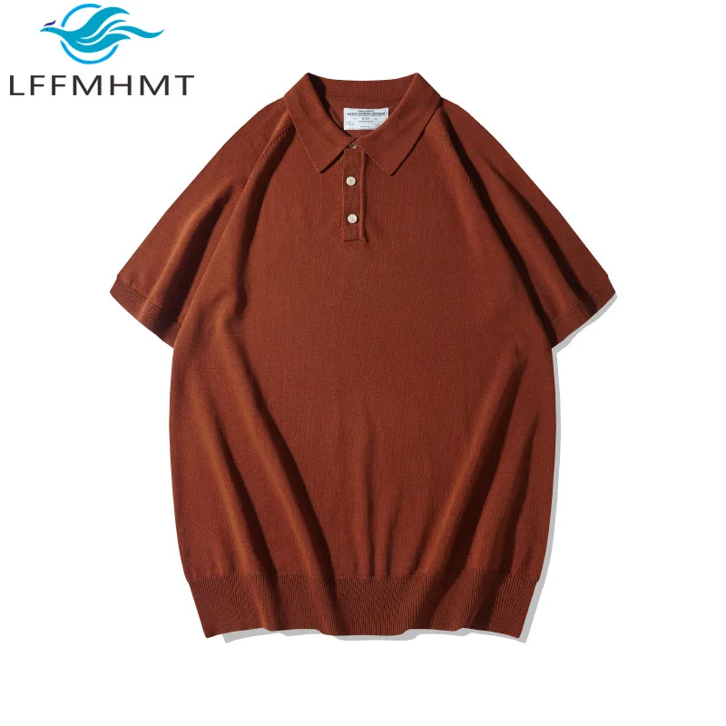 Italian Style Polo Shirt for Men Summer Fashion Solid Color Simple Basic Short Sleeve Knit T-Shirt Amekaji Vintage Daily Tops