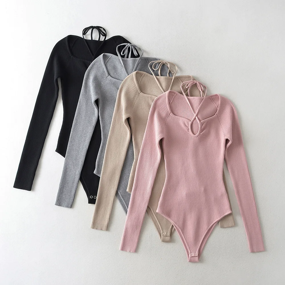 New Knitted Solid Lace up Long Sleeve Black Khaki Pink Gray Bodysuit Top Women Jumpsuit