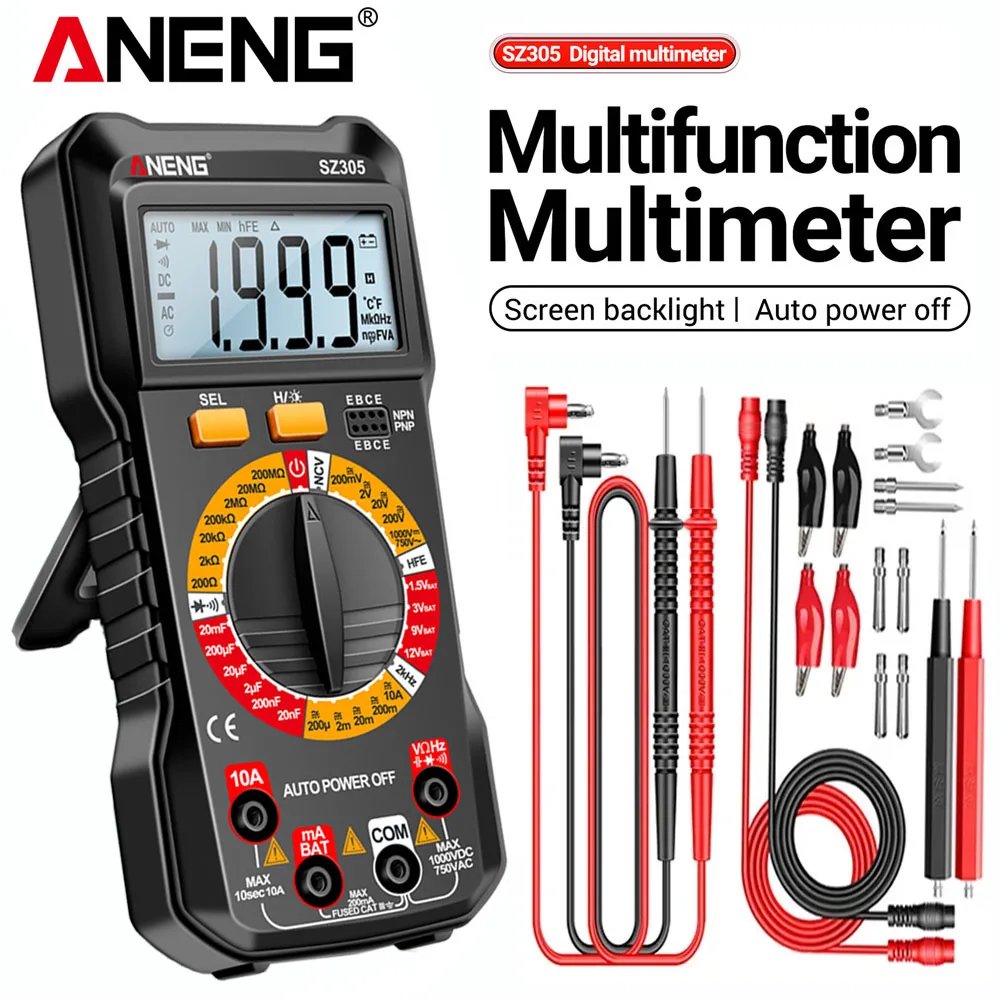 ANENG SZ305 متعددة الوظائف المقاومة hFE الصمام الثلاثي الجرس اختبار رقمي متعدد التيار المتناوب/تيار مستمر الجهد الحالي السعة NCV التعريفي