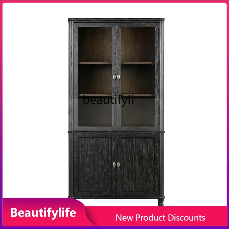 

A57 American solid wood black retro glass door wine cabinet locker Nordic entrance living room decorative cabinet