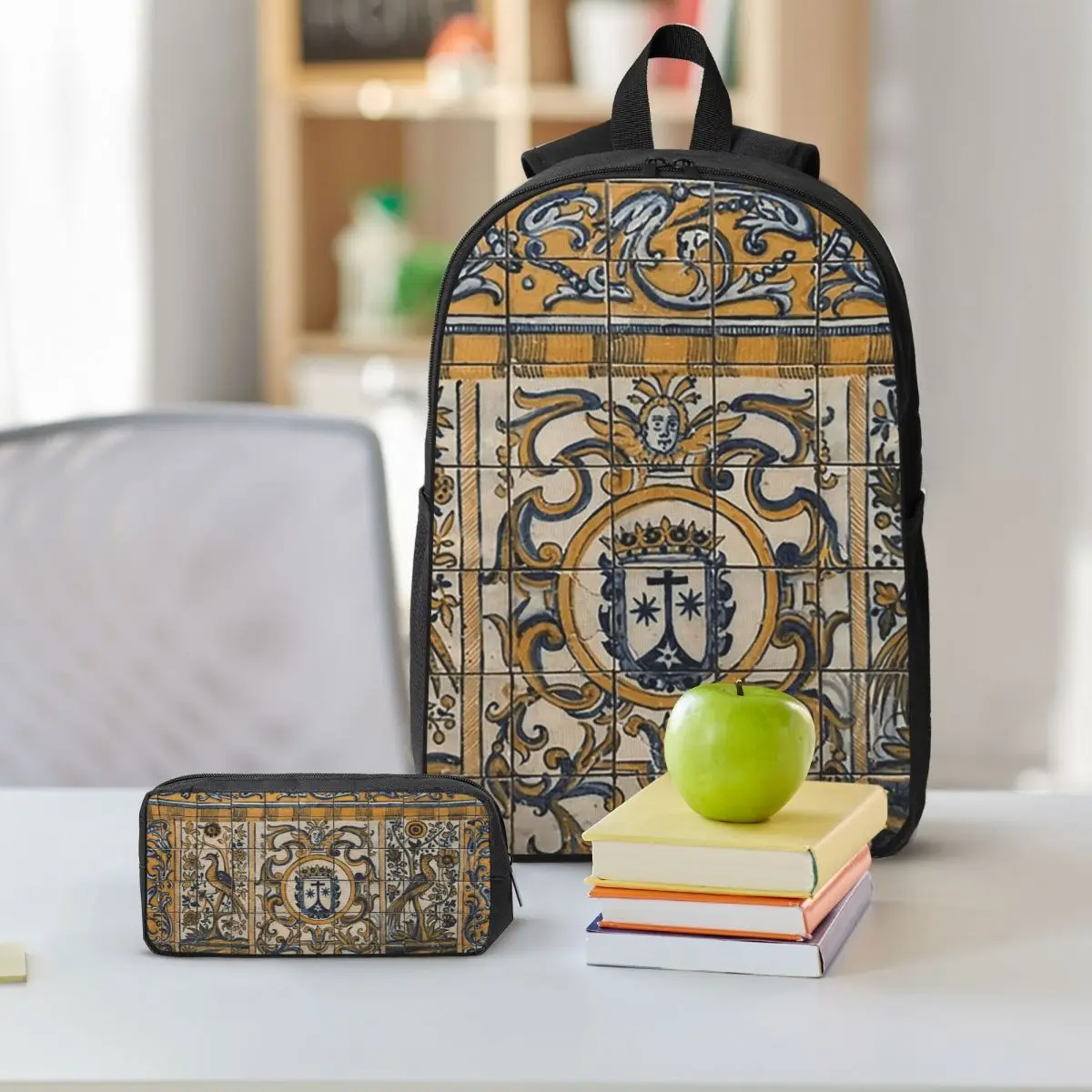 Beautiful Portuguese Tiles From Porto, Portugal Backpack BookBag School Bag Shoulder Bags 3ps Insulated Lunch Bag Pencil Case