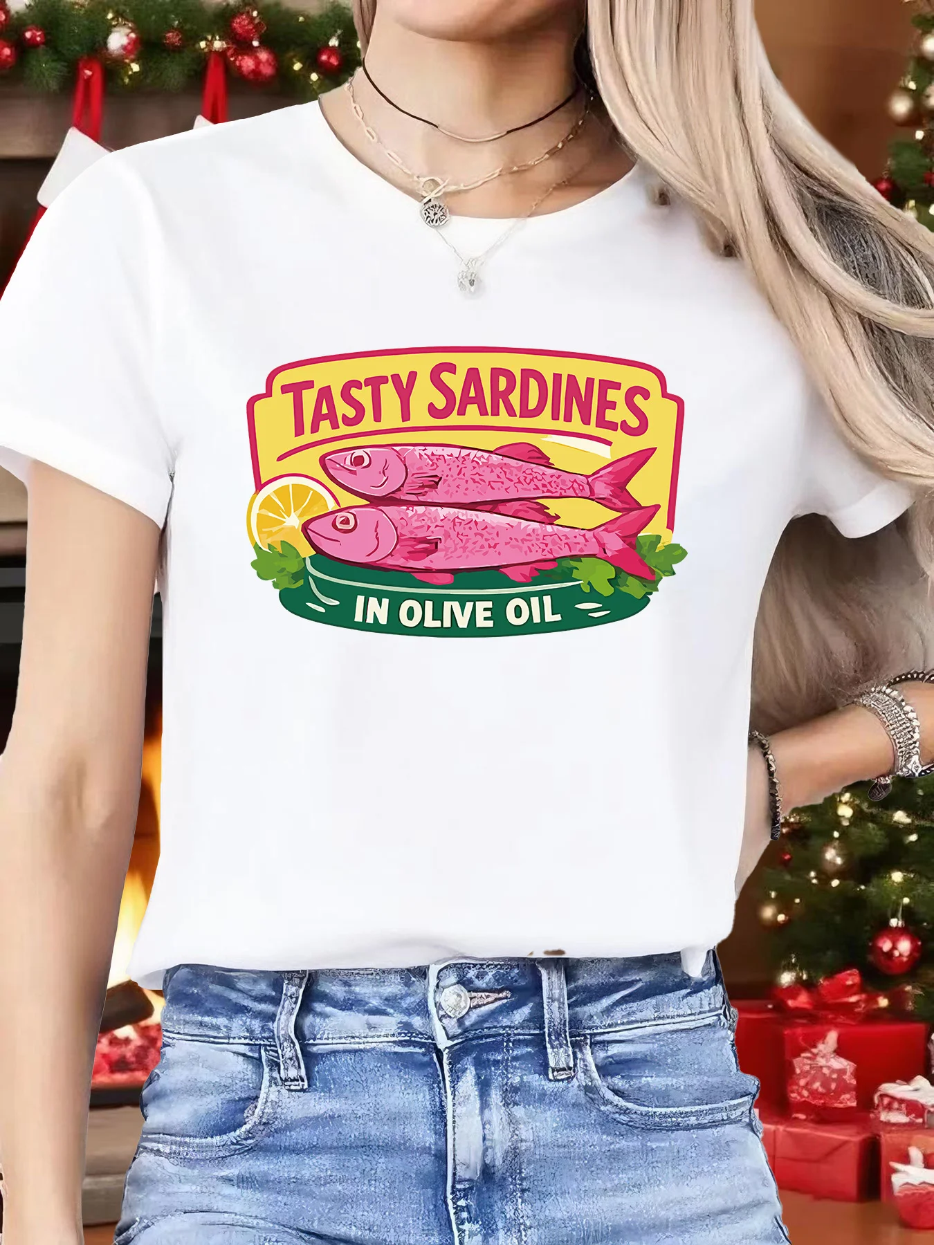 Tasty Sardines Olive Oil Label Womens Crew Neck Short Sleeve T Shirt Retro Seafood Funny Art Casual Graphic Tees For Ladies