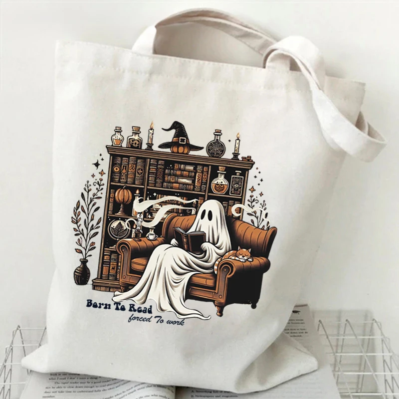 Reading Lover Gift Halloween Purses and Handbags Cute Ghost Drinking Coffee Print Women's Handbags Halloween Canvas Shopping Bag