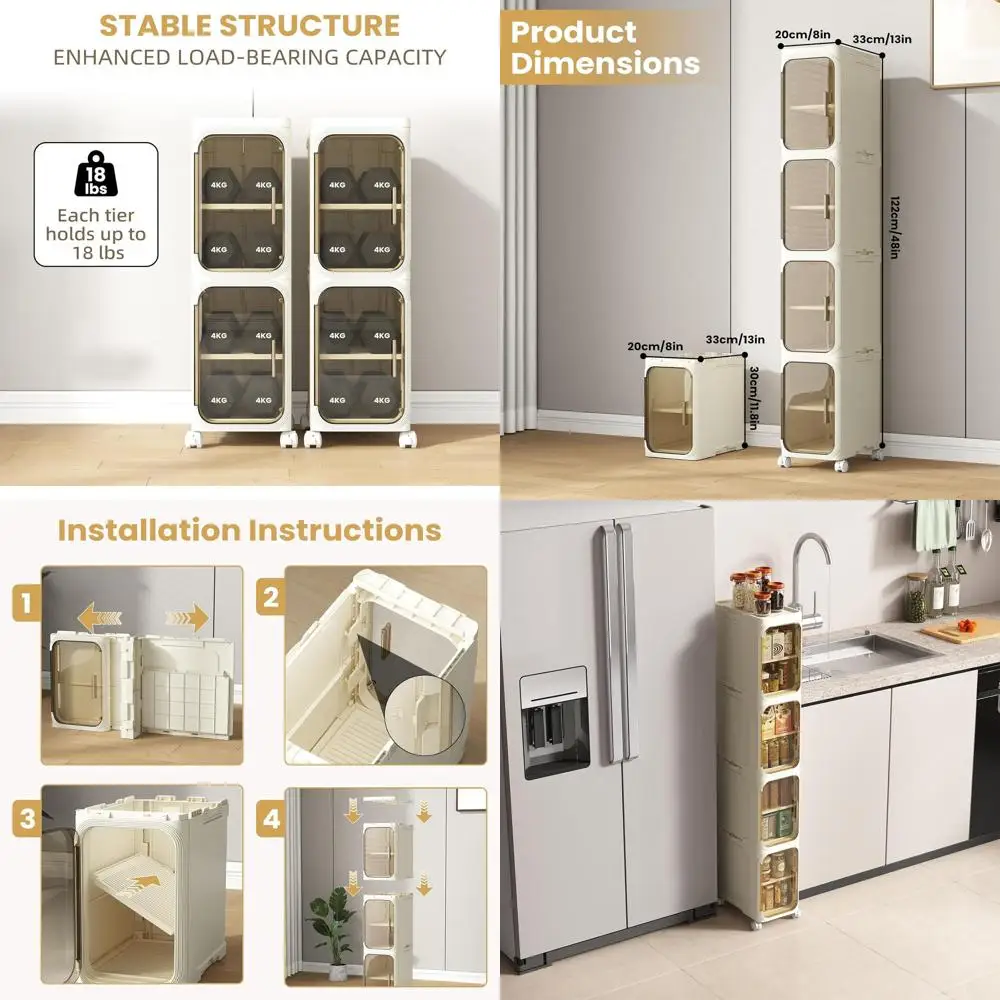 

Space-Saving 4-Tier Bathroom Storage Cabinet with Wheels and Toilet Paper Holder, Waterproof, Ready to Use for Small Spaces in H