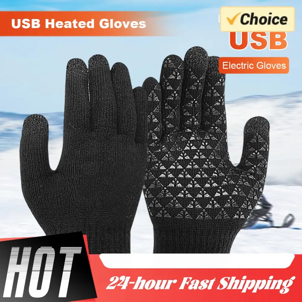 Guantes de punto con calefacción USB para invierno, guantes térmicos a prueba de viento con pantalla táctil para montar, senderismo, guantes cálidos para ciclismo con dedos completos