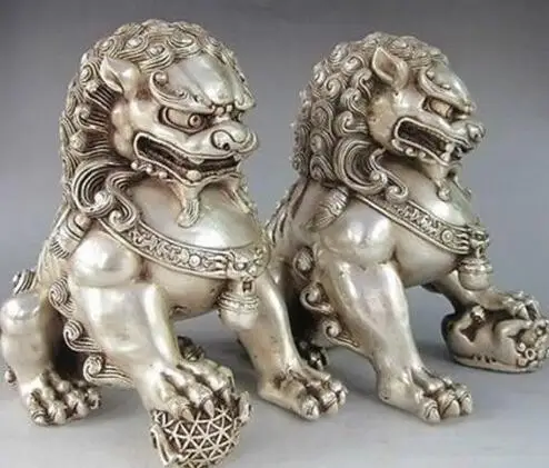 

YM a piar of 12*12cm Chinese Silver Guardian Lion Foo Fu Dog Statue