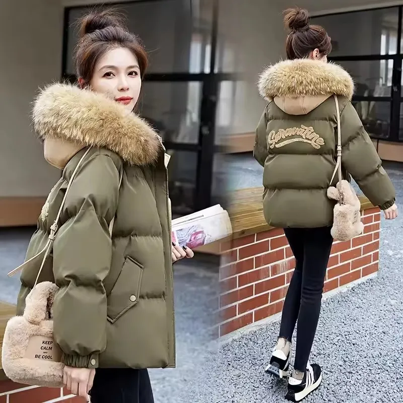 

Winter Women's Big Fur Collar Down Cotton-padded Jacket Fashion Loose Hooded Short Outerwear Thicken Warm Parkas Female