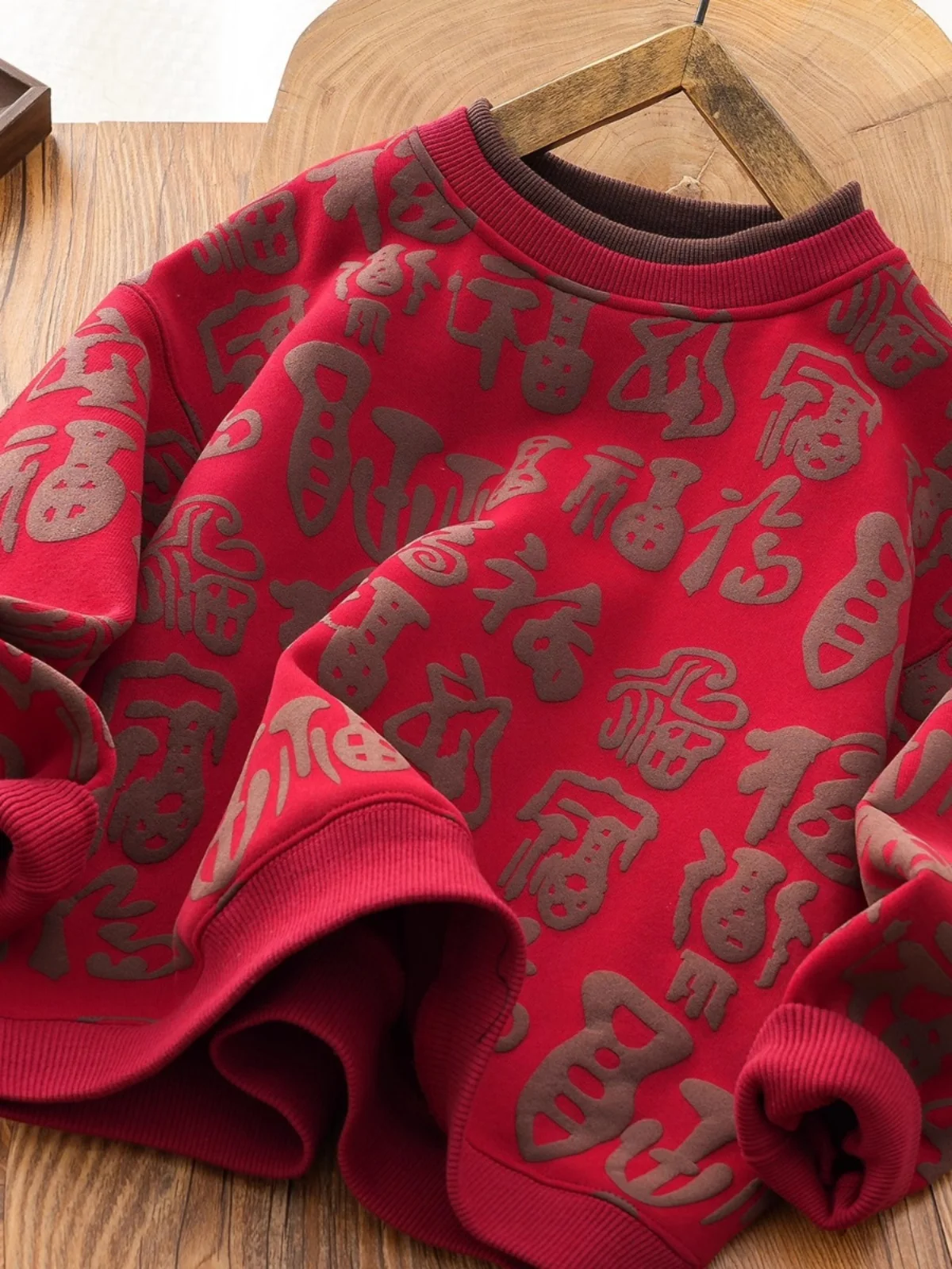 

Thiened Fce Lined round Ne Sweatirt Fake Two-Piece Set for Kids Autumn Winter Red New Arrival Children's Clothing