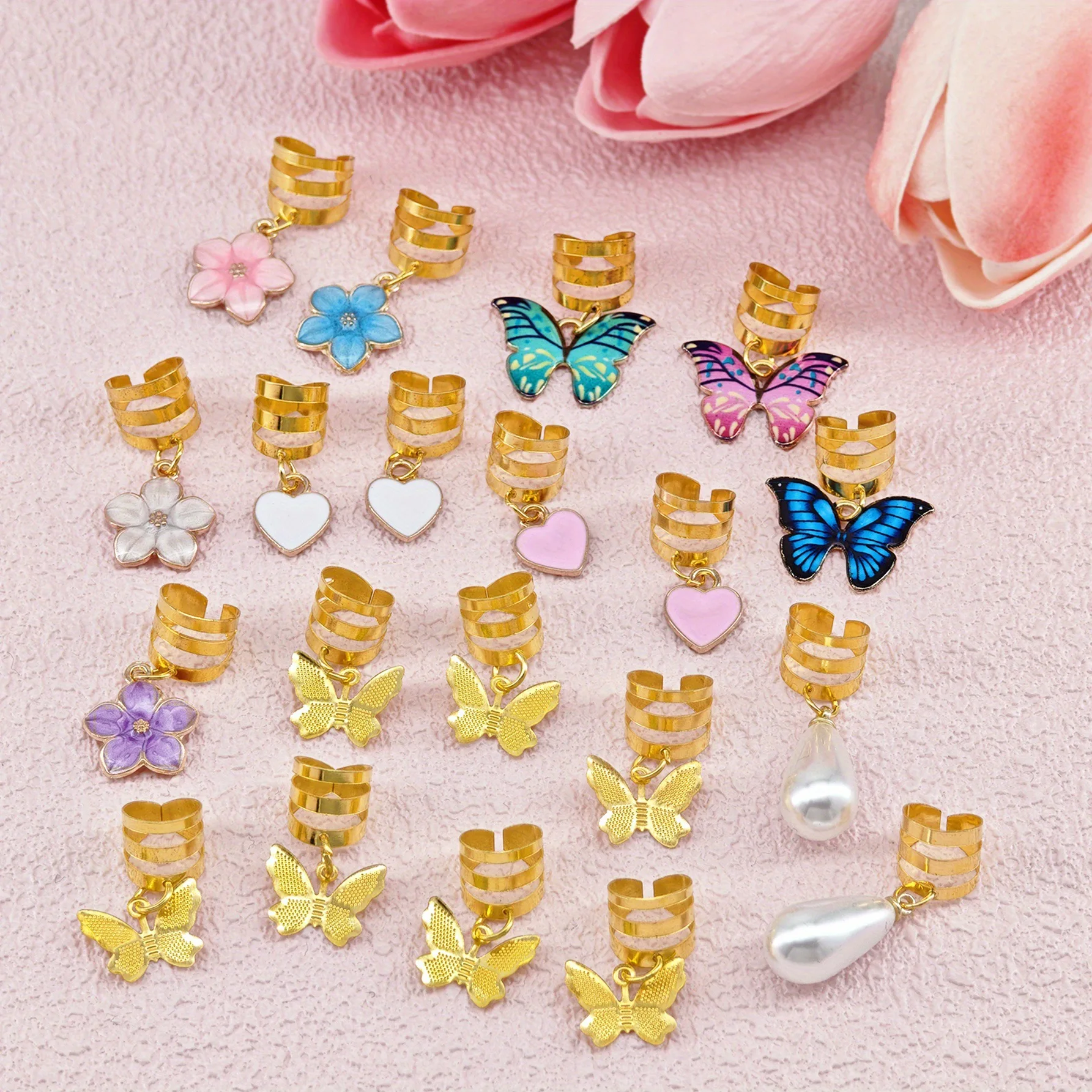 20 ชิ้นโลหะผสมลูกไม้หัวใจหยดน้ําจี้ผมแหวนชุด DIY ถักเปียอุปกรณ์ผมคลิปผม